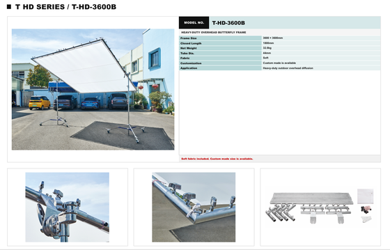 HAFE T HD Series Overhead Butterfly Frame System com quadros de difusão pesados de 2400 × 2400 mm e 3600 × 3600 mm